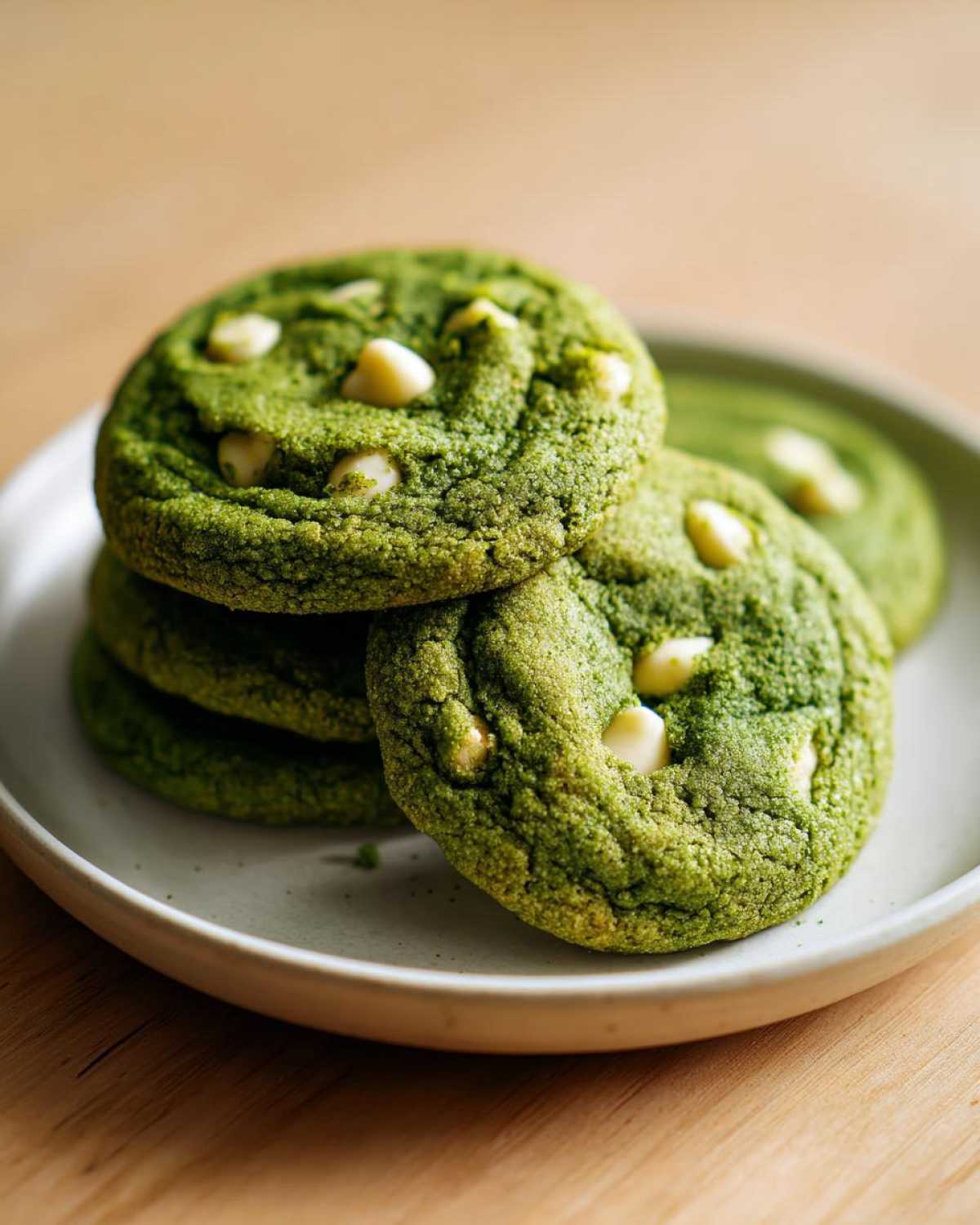 A stack of vibrant green, chewy matcha white chocolate cookies with visible white chocolate chips.