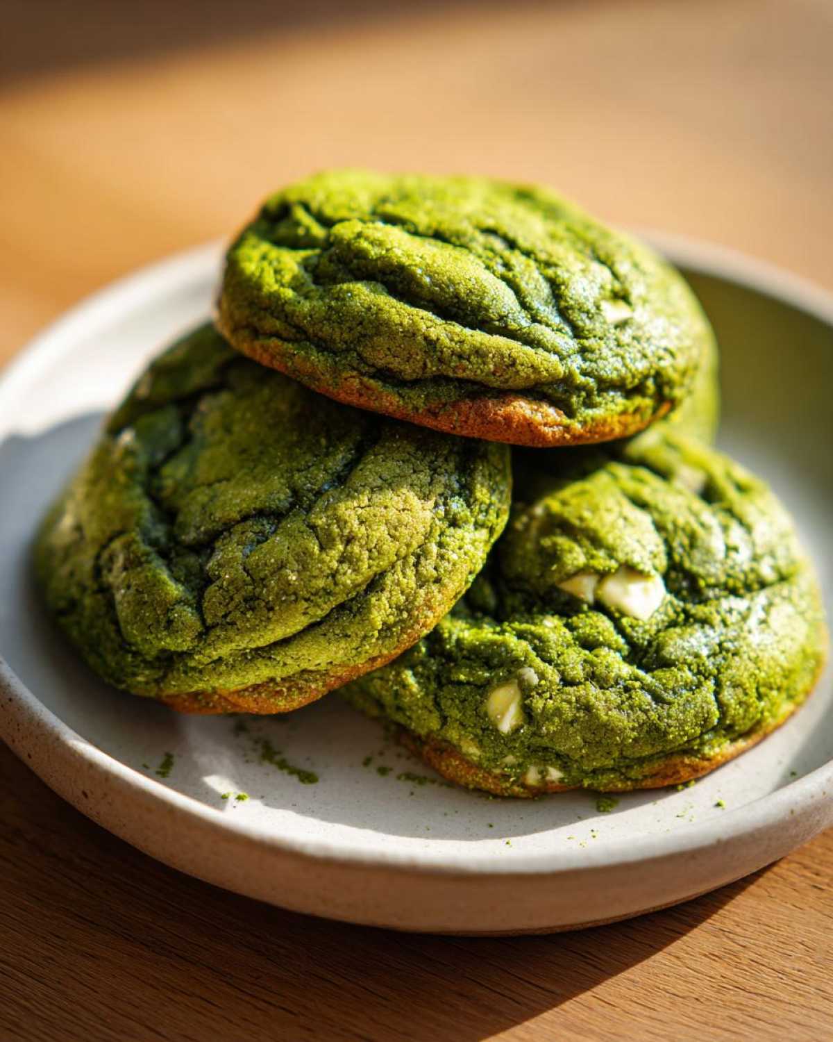 Three vibrant green Chewy Matcha White Chocolate Cookies stacked on a light ceramic plate.