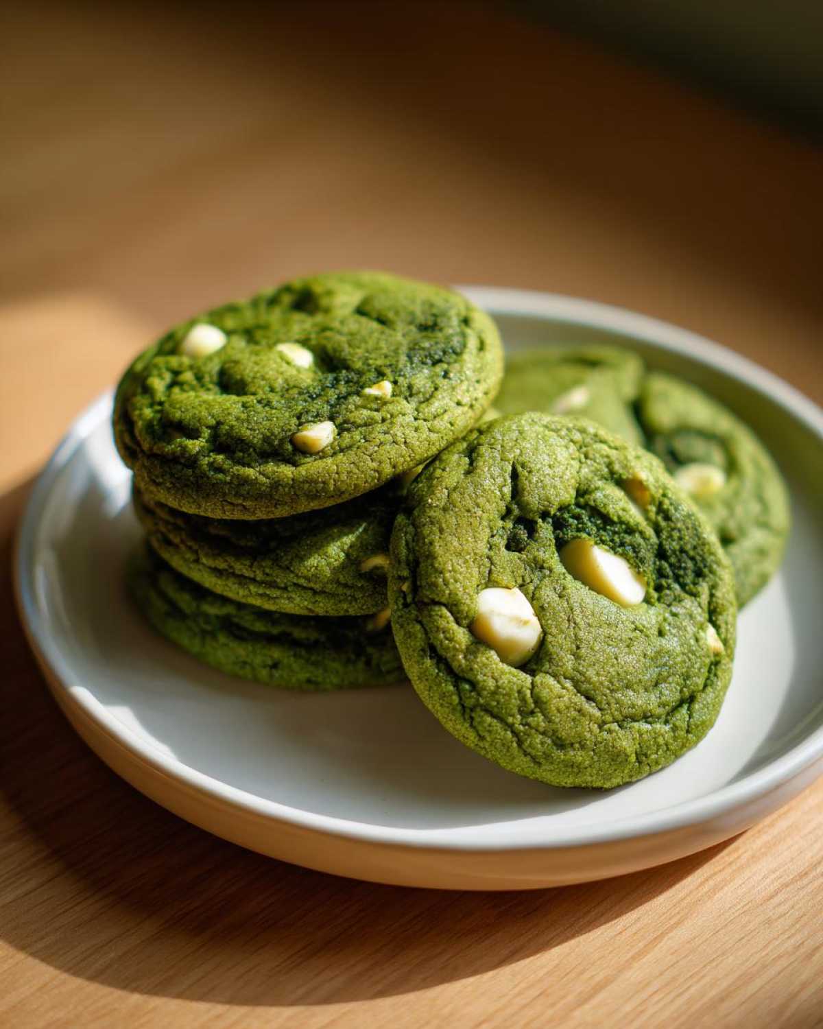 A stack of vibrant green, chewy matcha white chocolate cookies with visible white chocolate chips on a light plate.