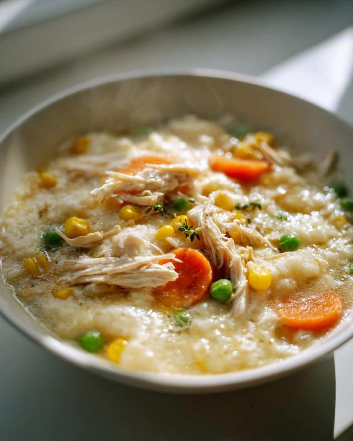Close-up of a steaming bowl of creamy Chicken Pot Pie Soup topped with shredded chicken, carrots, peas, and corn.
