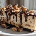 A decadent slice of Chocolate Peanut Butter Cheesecake Dip topped with chocolate syrup and peanut butter cups.