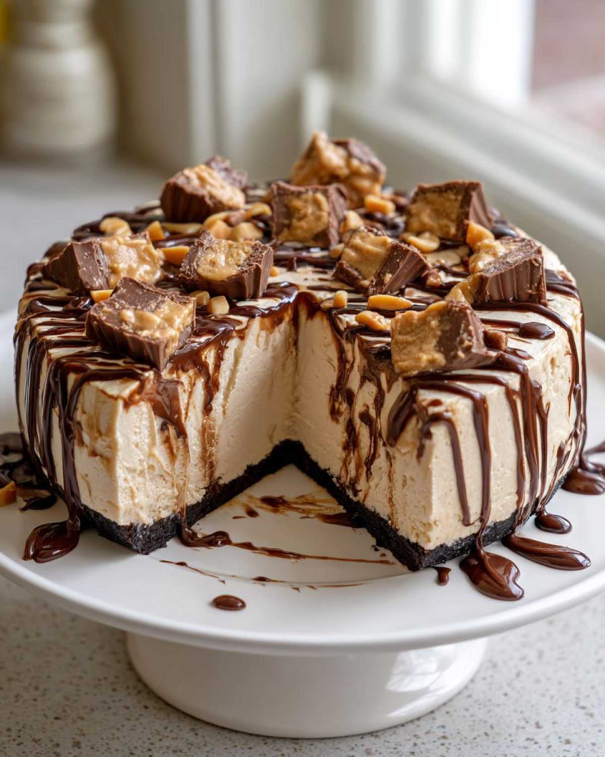 A slice removed from the Chocolate Peanut Butter Cheesecake Dip, topped with candy pieces and chocolate drizzle.
