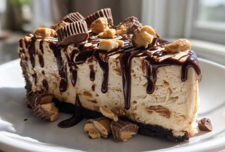 A decadent slice of Chocolate Peanut Butter Cheesecake Dip topped with chocolate syrup and peanut butter cups.