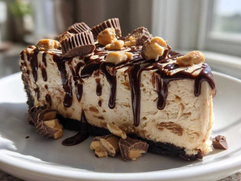 A decadent slice of Chocolate Peanut Butter Cheesecake Dip topped with chocolate syrup and peanut butter cups.