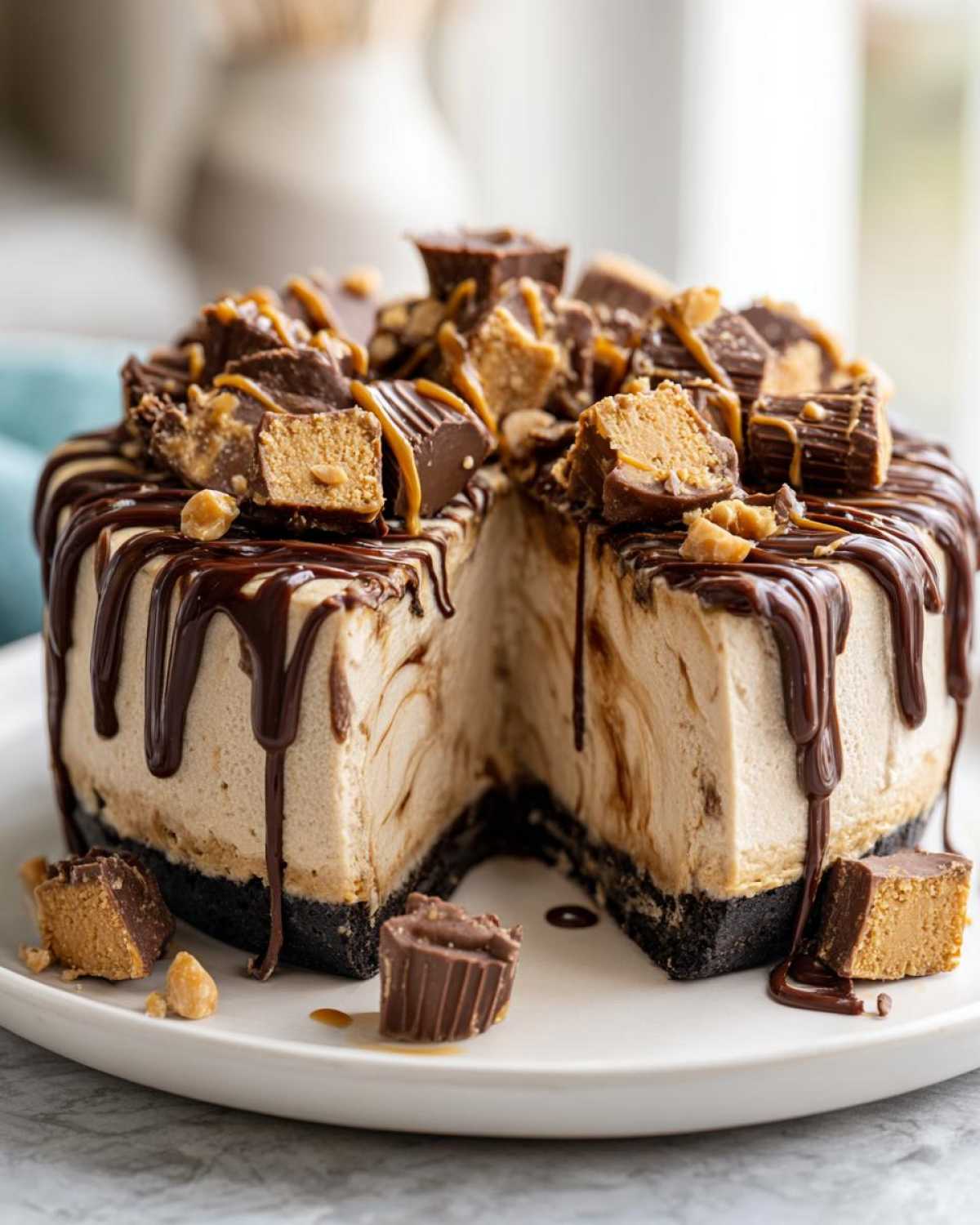 A slice removed from a rich Chocolate Peanut Butter Cheesecake Dip, drizzled with chocolate and topped with peanut butter cups.