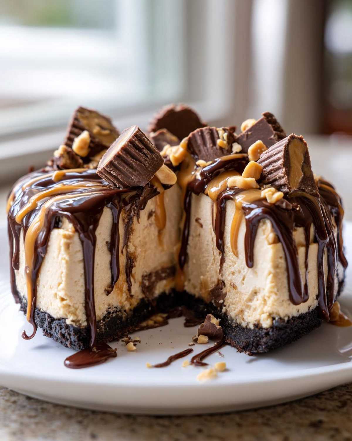 A slice taken out of a rich Chocolate Peanut Butter Cheesecake Dip, drizzled with chocolate and caramel, topped with peanut butter cups.