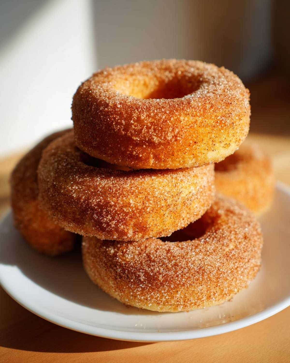 A stack of golden brown Cinnamon Sugar Air Fryer Donuts heavily coated in sparkling cinnamon sugar mixture, resting on a white plate.
