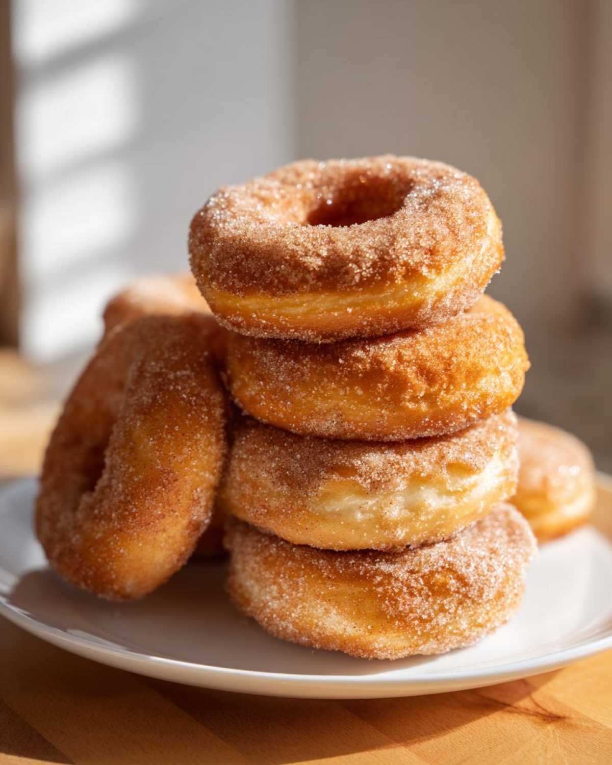 A stack of freshly made Cinnamon Sugar Air Fryer Donuts coated heavily in sparkling cinnamon sugar.