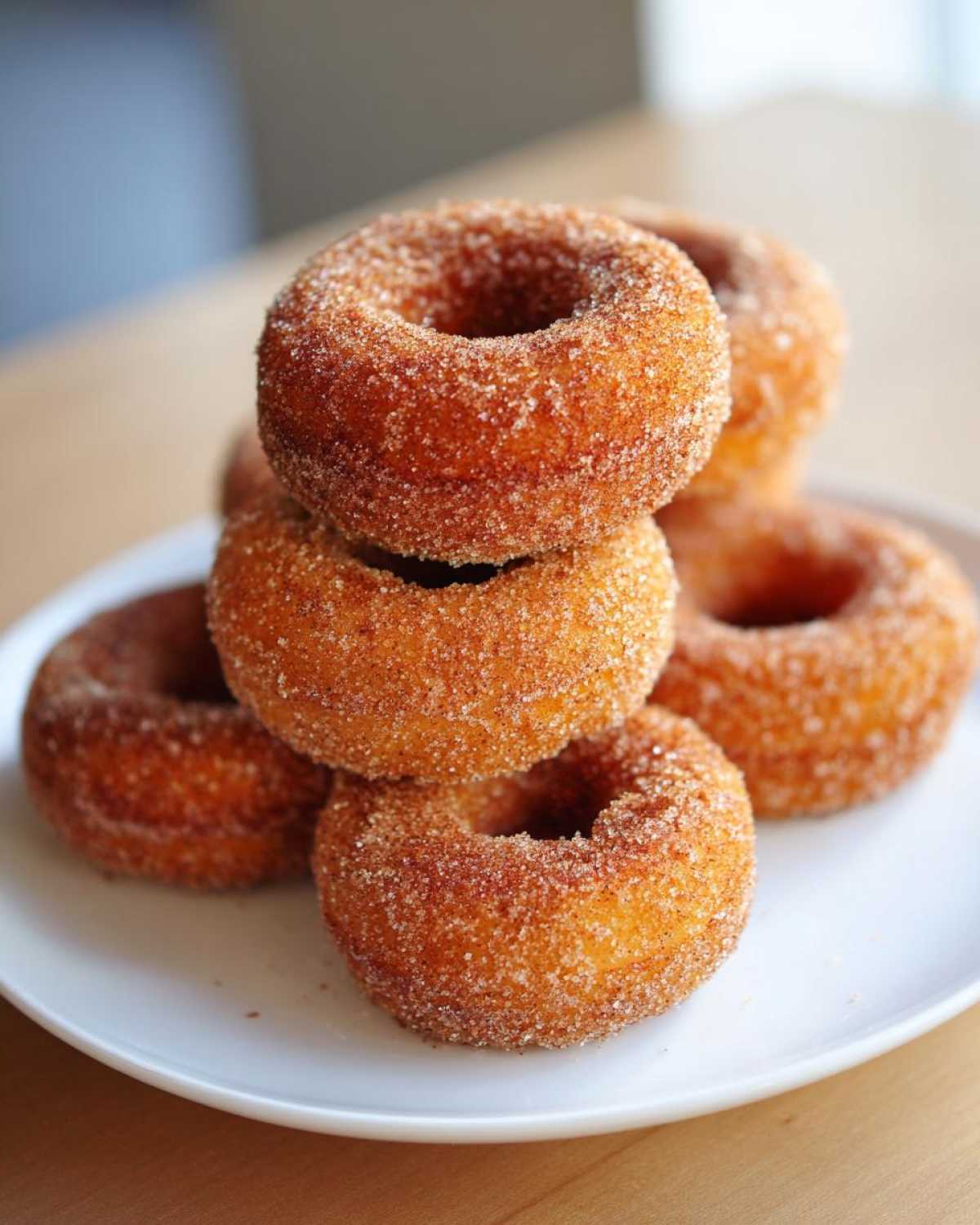 A close-up stack of golden brown Cinnamon Sugar Air Fryer Donuts coated heavily in cinnamon sugar mix.