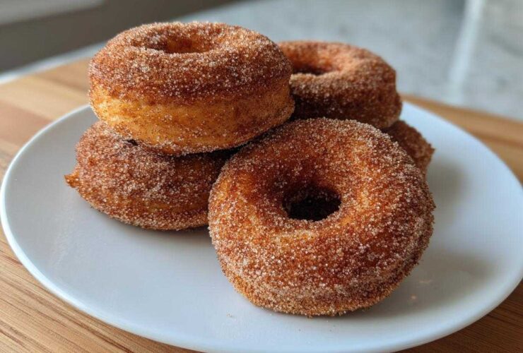A stack of four freshly made Cinnamon Sugar Air Fryer Donuts coated heavily in cinnamon sugar mix.