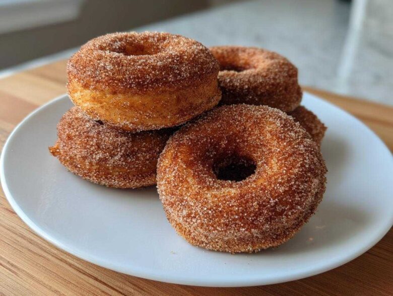 A stack of four freshly made Cinnamon Sugar Air Fryer Donuts coated heavily in cinnamon sugar mix.
