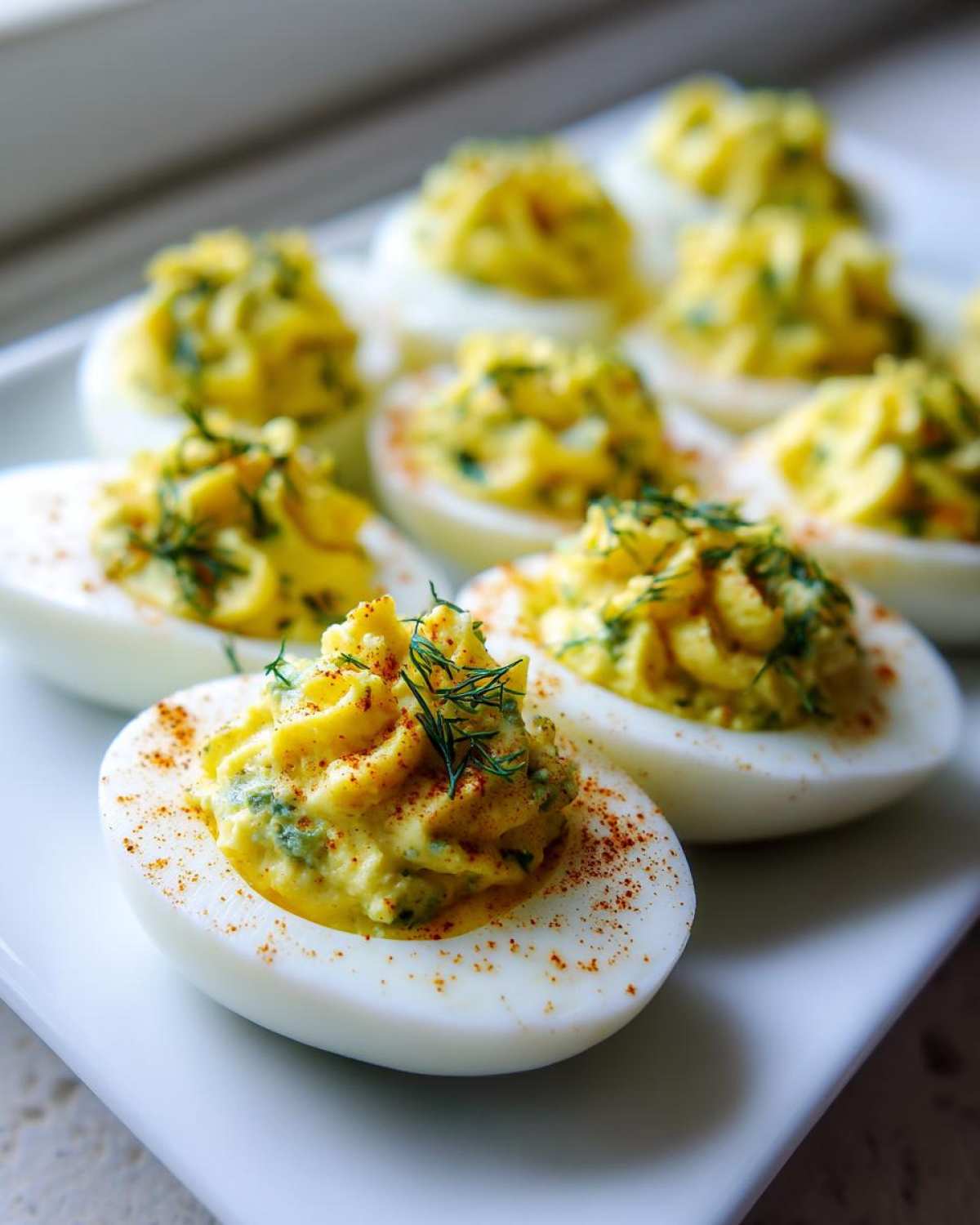 Close-up of Classic Deviled Eggs with Dill Pickle Relish, piped filling, and paprika dusting.