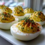 A close-up of perfectly piped Classic Deviled Eggs with Dill Pickle Relish, garnished with paprika and fresh dill.