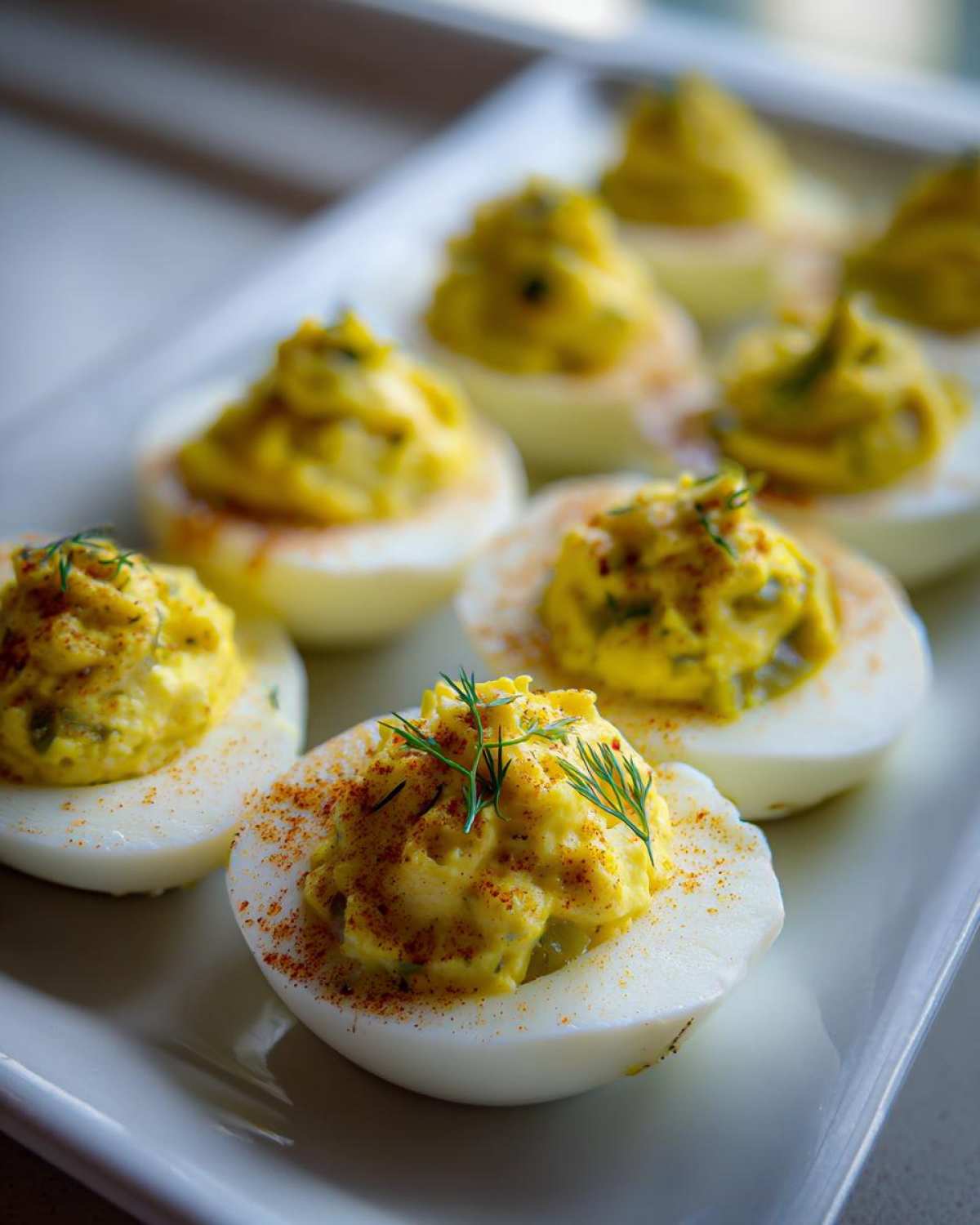 Close-up of Classic Deviled Eggs with Dill Pickle Relish, garnished with paprika and fresh dill.