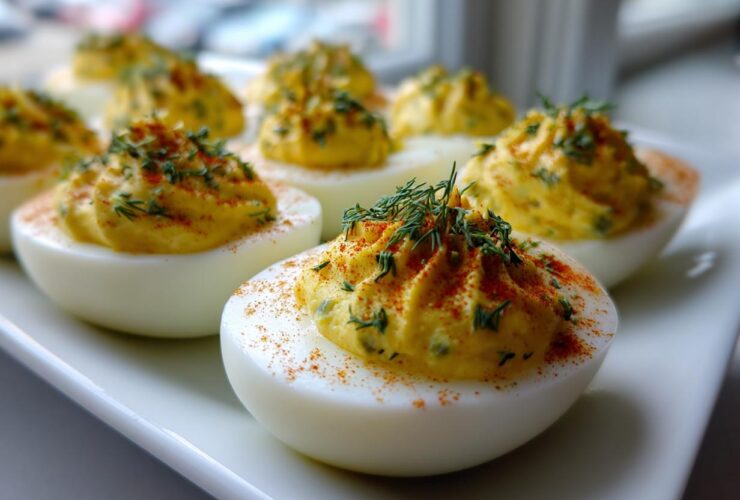 A close-up of perfectly piped Classic Deviled Eggs with Dill Pickle Relish, garnished with paprika and fresh dill.