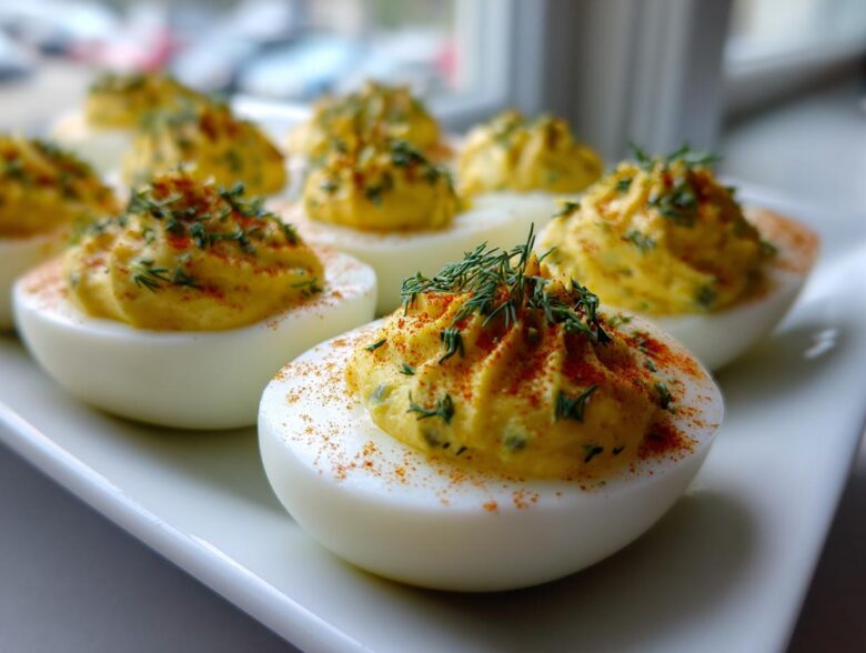 A close-up of perfectly piped Classic Deviled Eggs with Dill Pickle Relish, garnished with paprika and fresh dill.