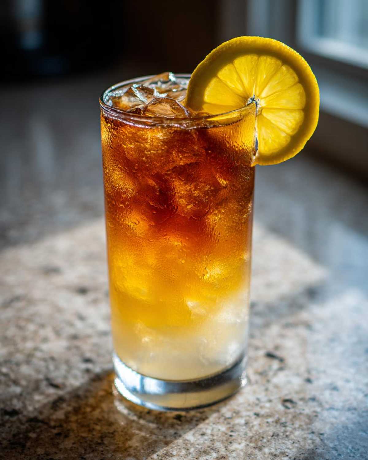 A tall glass filled with ice, showing layered Cold Brew Lemonade, garnished with a bright lemon slice.