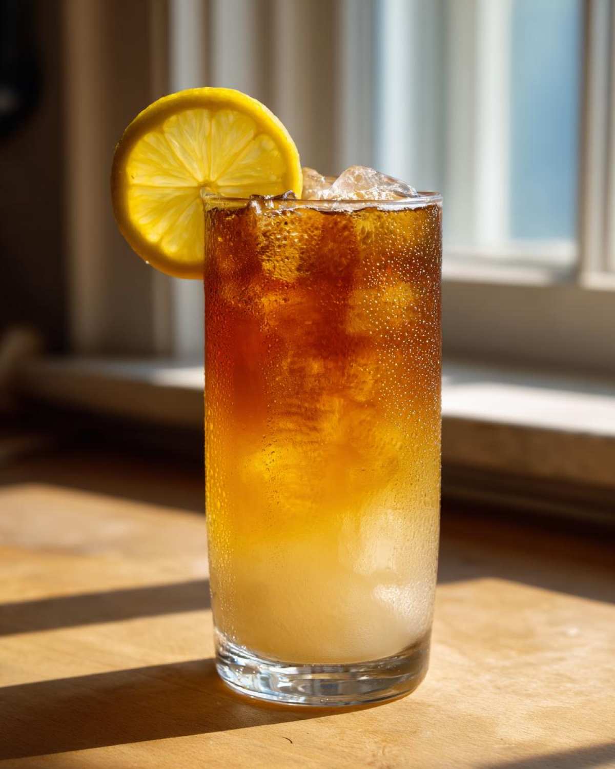 Tall glass of layered Cold Brew Lemonade with ice, condensation, and a lemon wheel garnish.