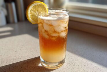 A tall glass filled with ice, Cold Brew Lemonade, and topped with a lemon slice.
