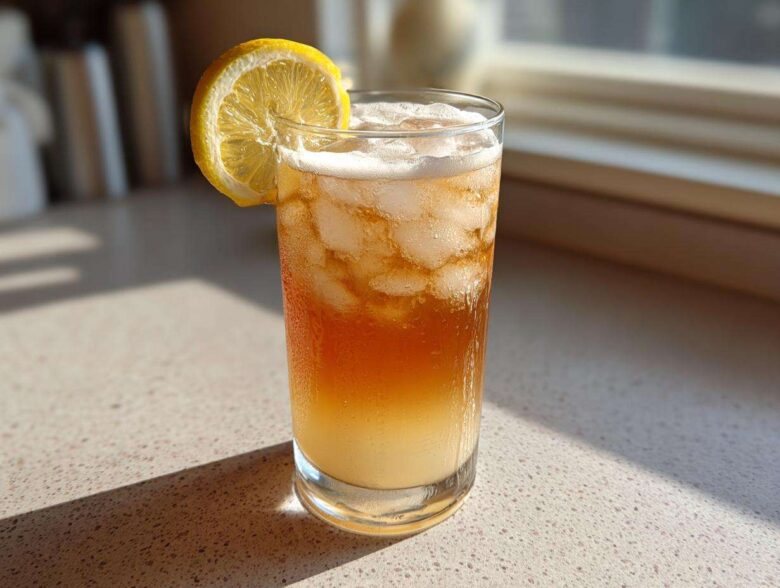 A tall glass filled with ice, Cold Brew Lemonade, and topped with a lemon slice.