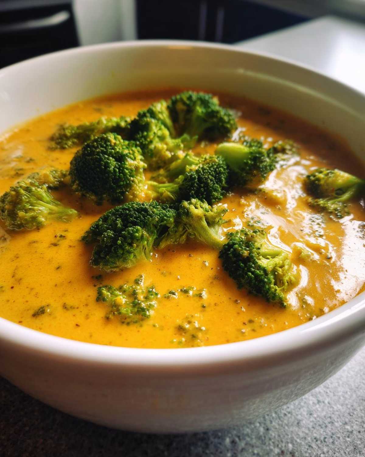 Close-up of a bowl of thick, orange Copycat Broccoli Cheddar Soup topped with vibrant green broccoli florets.