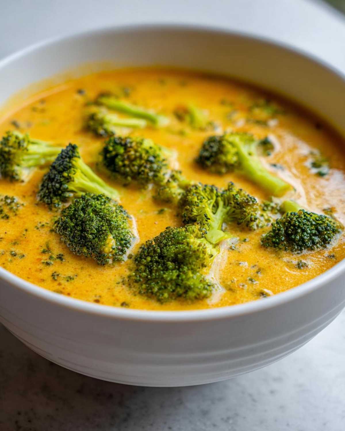 A close-up of vibrant green broccoli florets floating in a rich, orange-yellow bowl of Copycat Broccoli Cheddar Soup.
