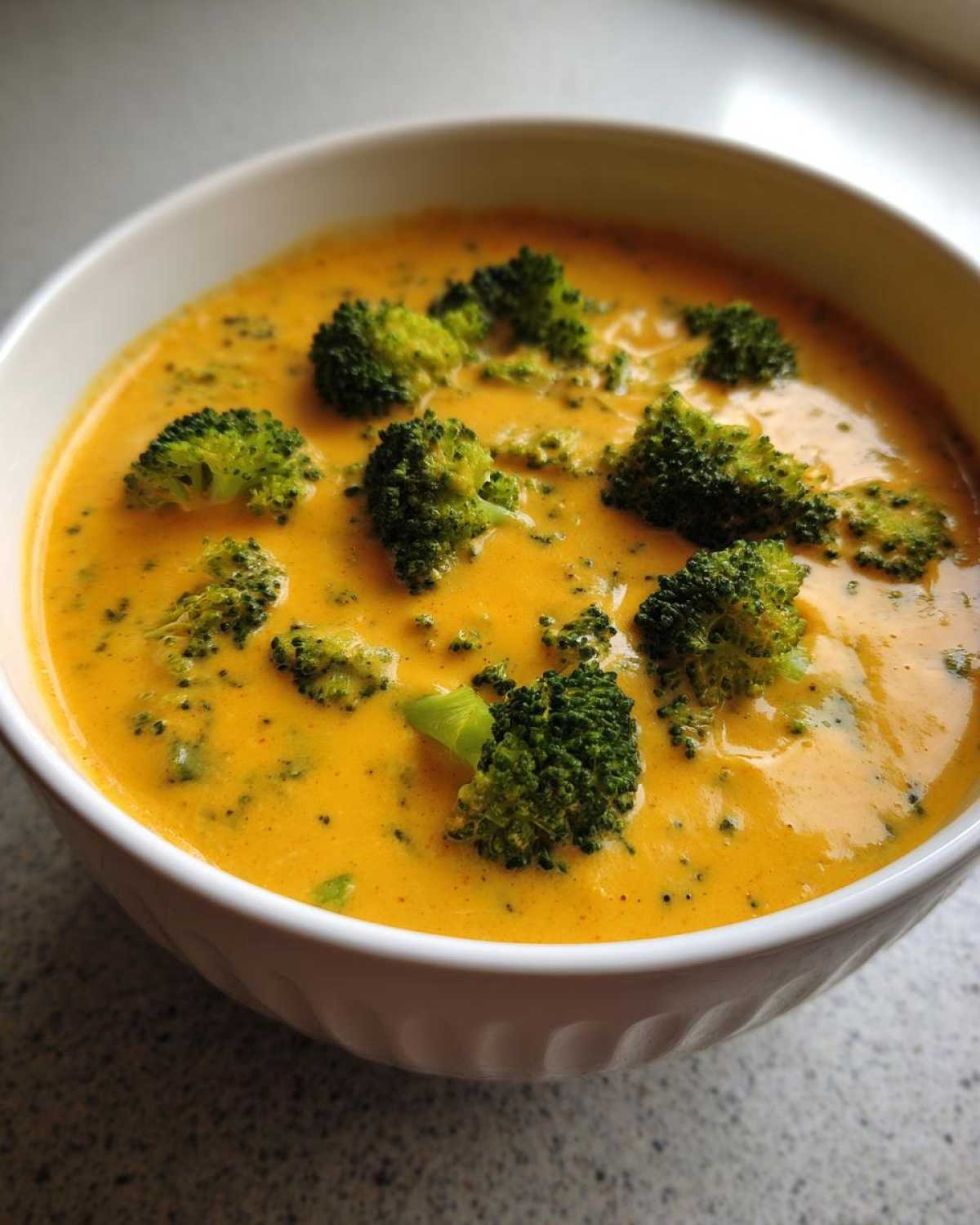 Close-up of a white bowl filled with thick, orange Copycat Broccoli Cheddar Soup topped with bright green broccoli florets.