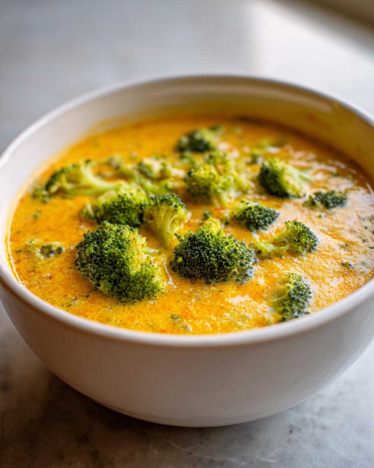 Close-up of a creamy, orange-yellow bowl of Copycat Broccoli Cheddar Soup topped with bright green broccoli florets.