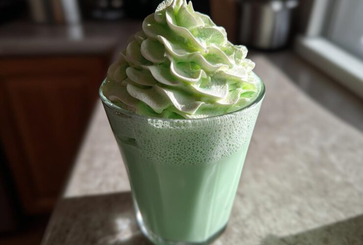 A tall glass of bright green Copycat Shamrock Shake topped with a swirl of mint whipped cream.