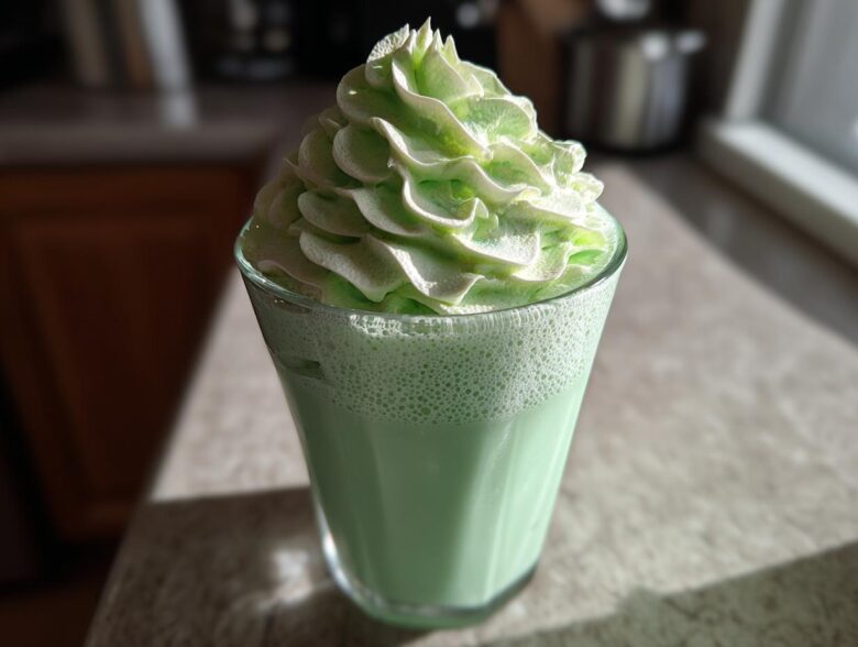 A tall glass of bright green Copycat Shamrock Shake topped with a swirl of mint whipped cream.