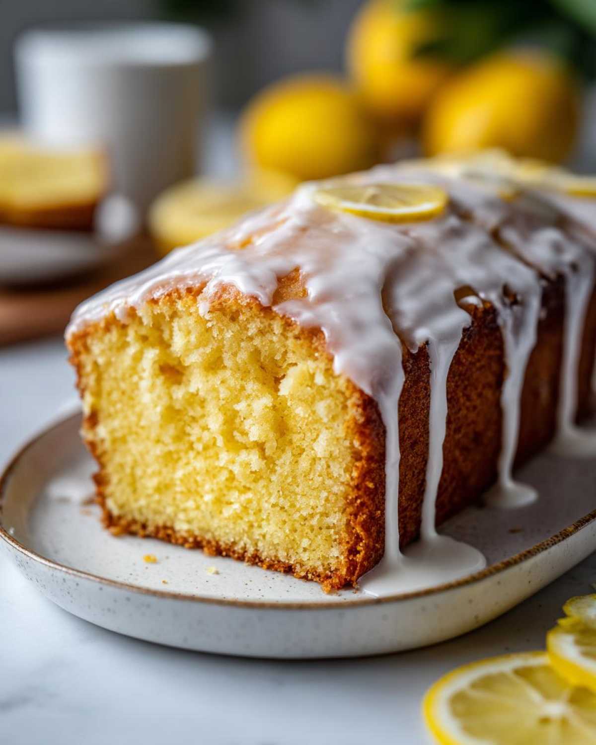 Close-up of a moist Copycat Starbucks Iced Lemon Loaf covered in thick white glaze and lemon slices.