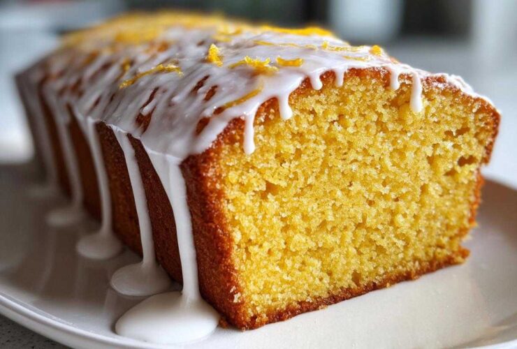 Close-up of a moist Copycat Starbucks Iced Lemon Loaf with thick white glaze dripping down the side and lemon zest on top.