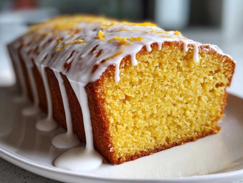 Close-up of a moist Copycat Starbucks Iced Lemon Loaf with thick white glaze dripping down the side and lemon zest on top.