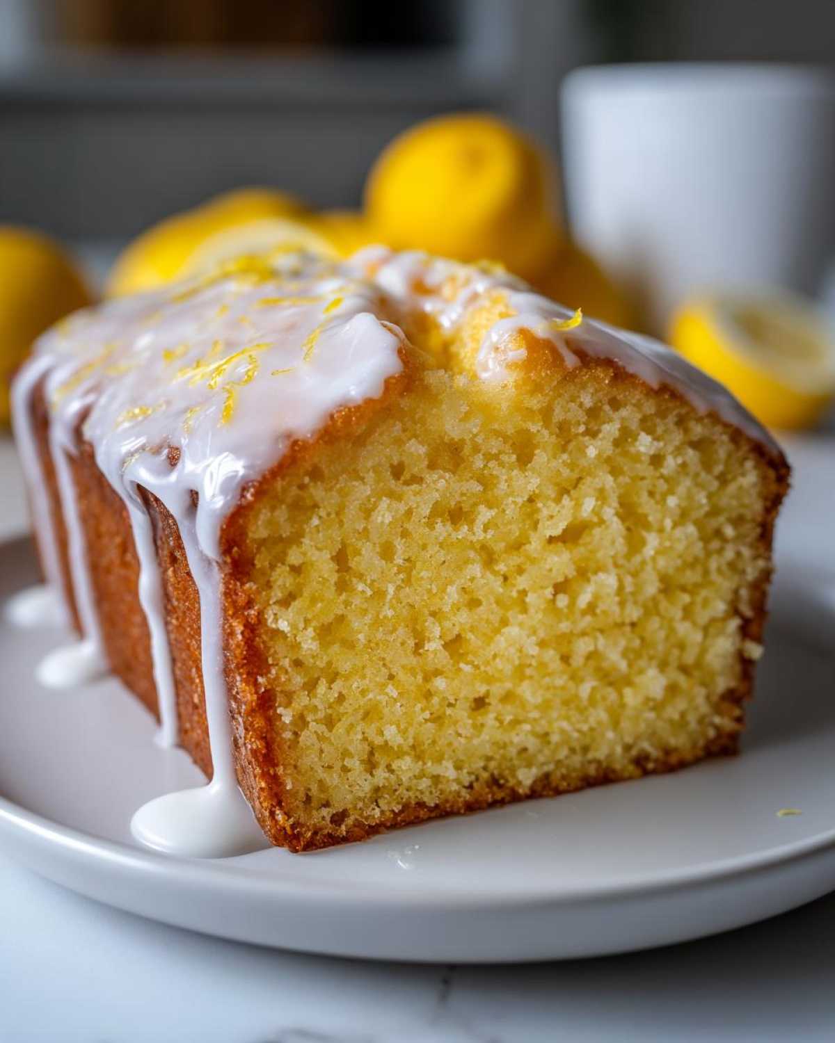 Close-up of a moist slice of Copycat Starbucks Iced Lemon Loaf, drizzled with thick white glaze and lemon zest.