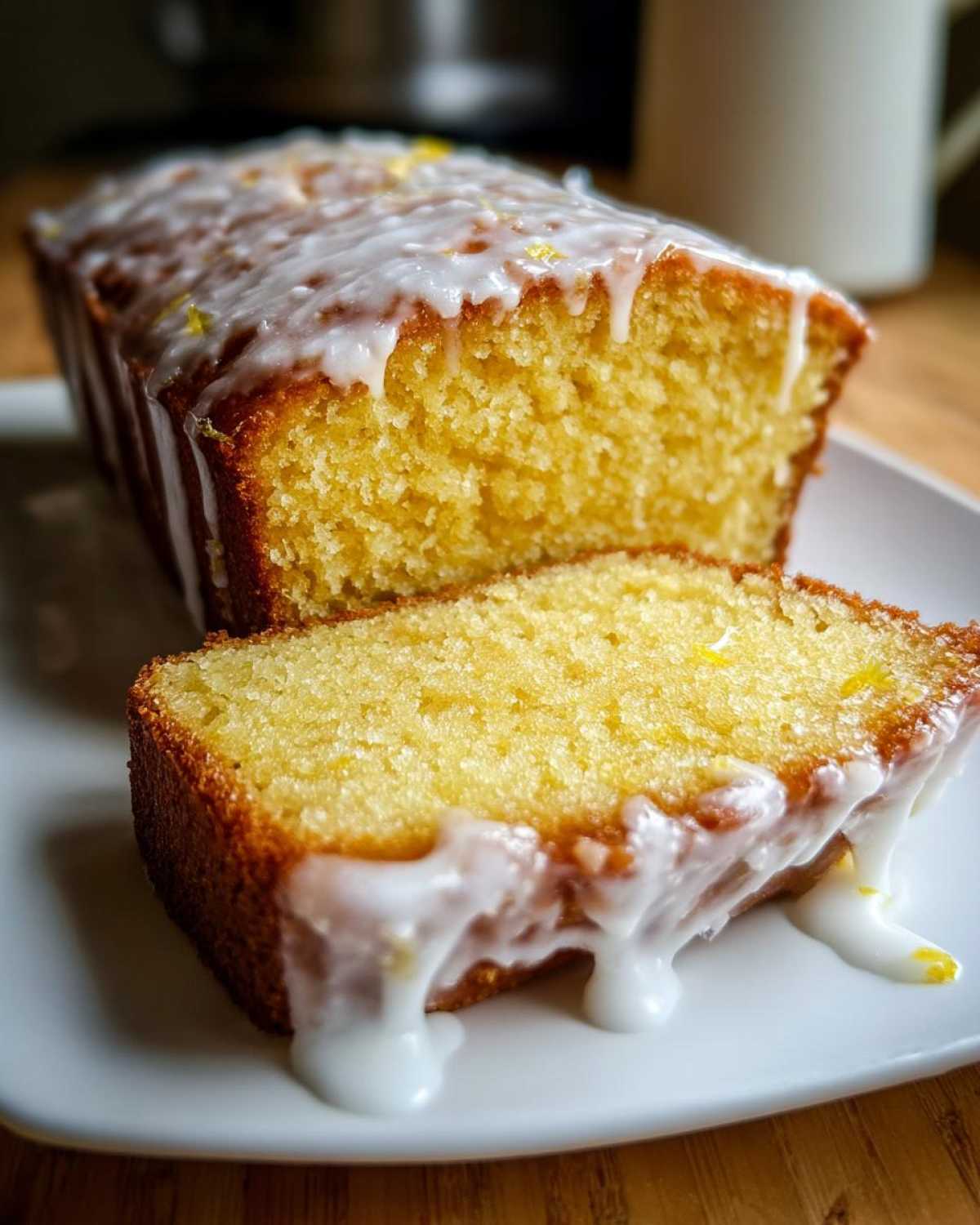 A thick slice of bright yellow Copycat Starbucks Iced Lemon Loaf covered in dripping white lemon glaze.