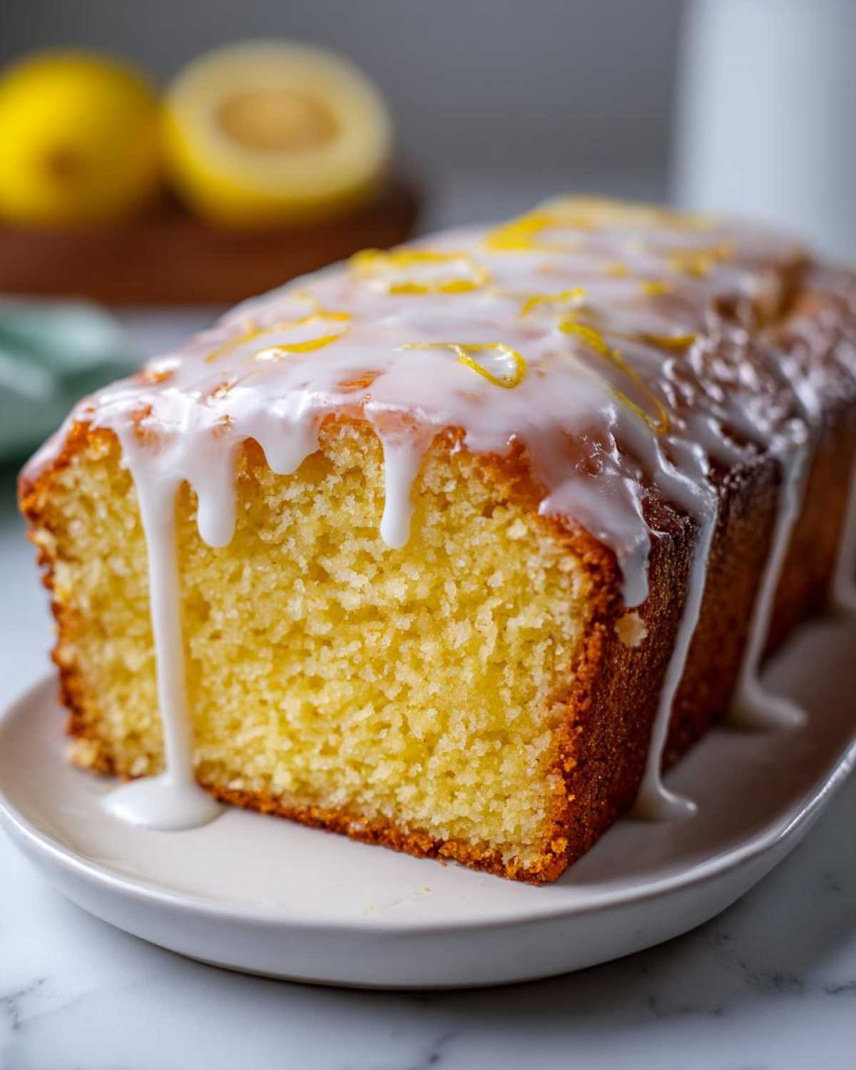 A close-up view of a slice of moist Copycat Starbucks Iced Lemon Loaf topped with thick white glaze and lemon zest.