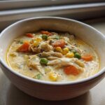 A close-up of a white bowl filled with creamy Chicken Pot Pie Soup, featuring shredded chicken, carrots, peas, and corn.