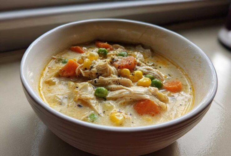 A close-up of a white bowl filled with creamy Chicken Pot Pie Soup, featuring shredded chicken, carrots, peas, and corn.