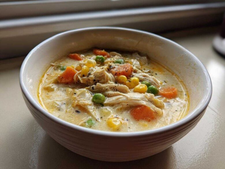 A close-up of a white bowl filled with creamy Chicken Pot Pie Soup, featuring shredded chicken, carrots, peas, and corn.