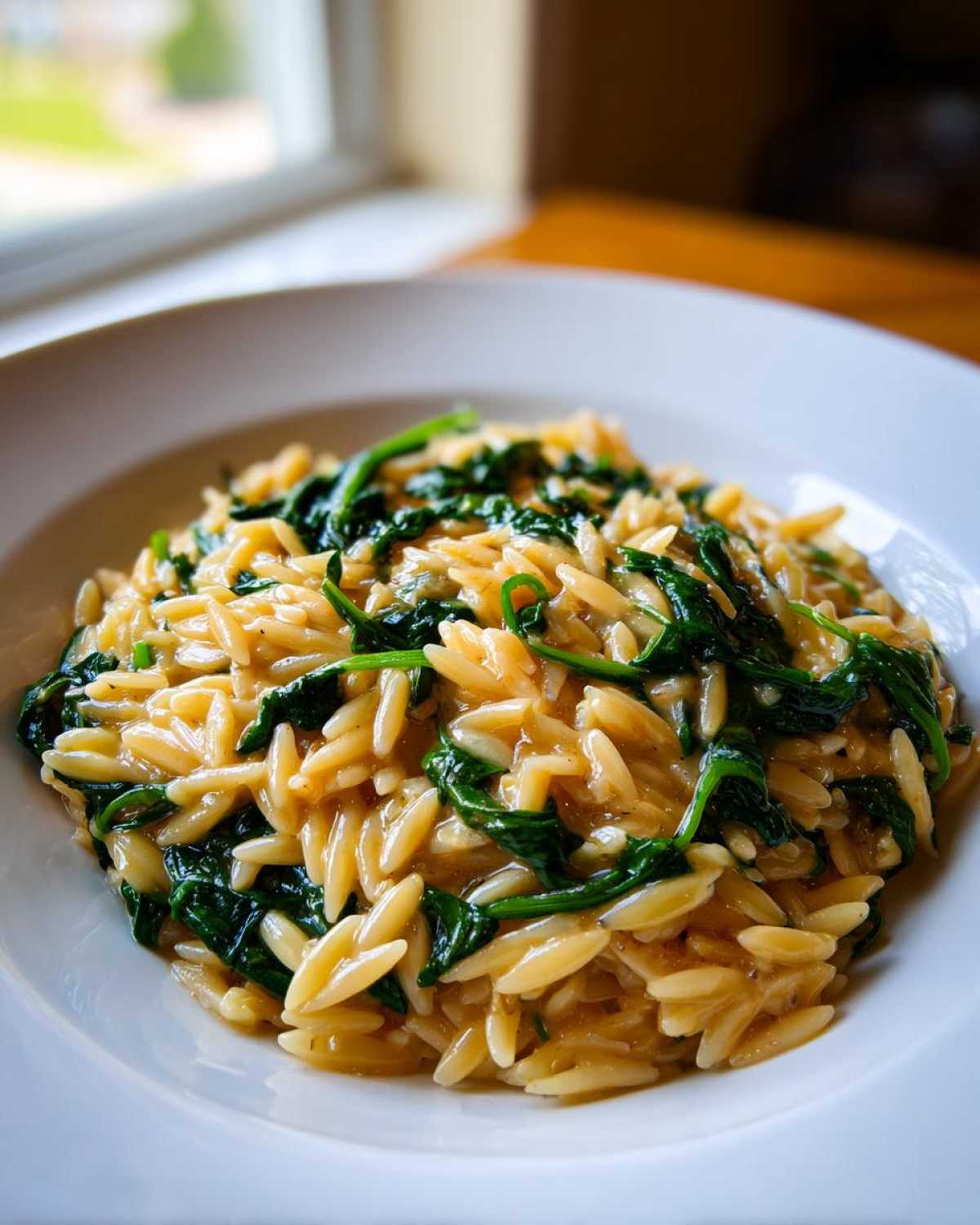 A close-up of creamy garlic parmesan orzo with spinach served in a white bowl near a window.