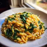 A close-up of creamy garlic parmesan orzo with spinach served in a white bowl near a window.