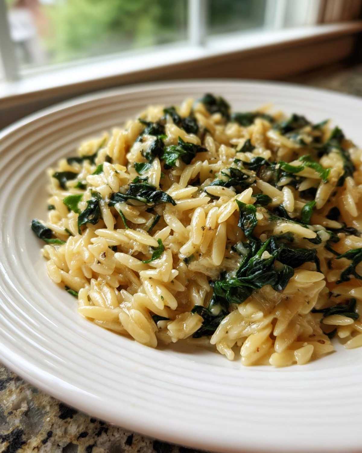 A close-up of creamy garlic parmesan orzo with spinach served on a white plate.