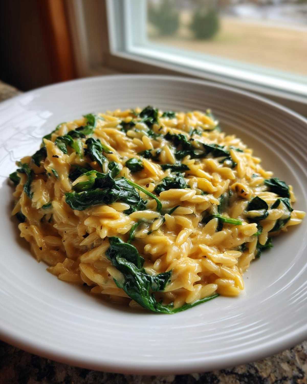 A close-up serving of Creamy Garlic Parmesan Orzo with Spinach on a white plate.