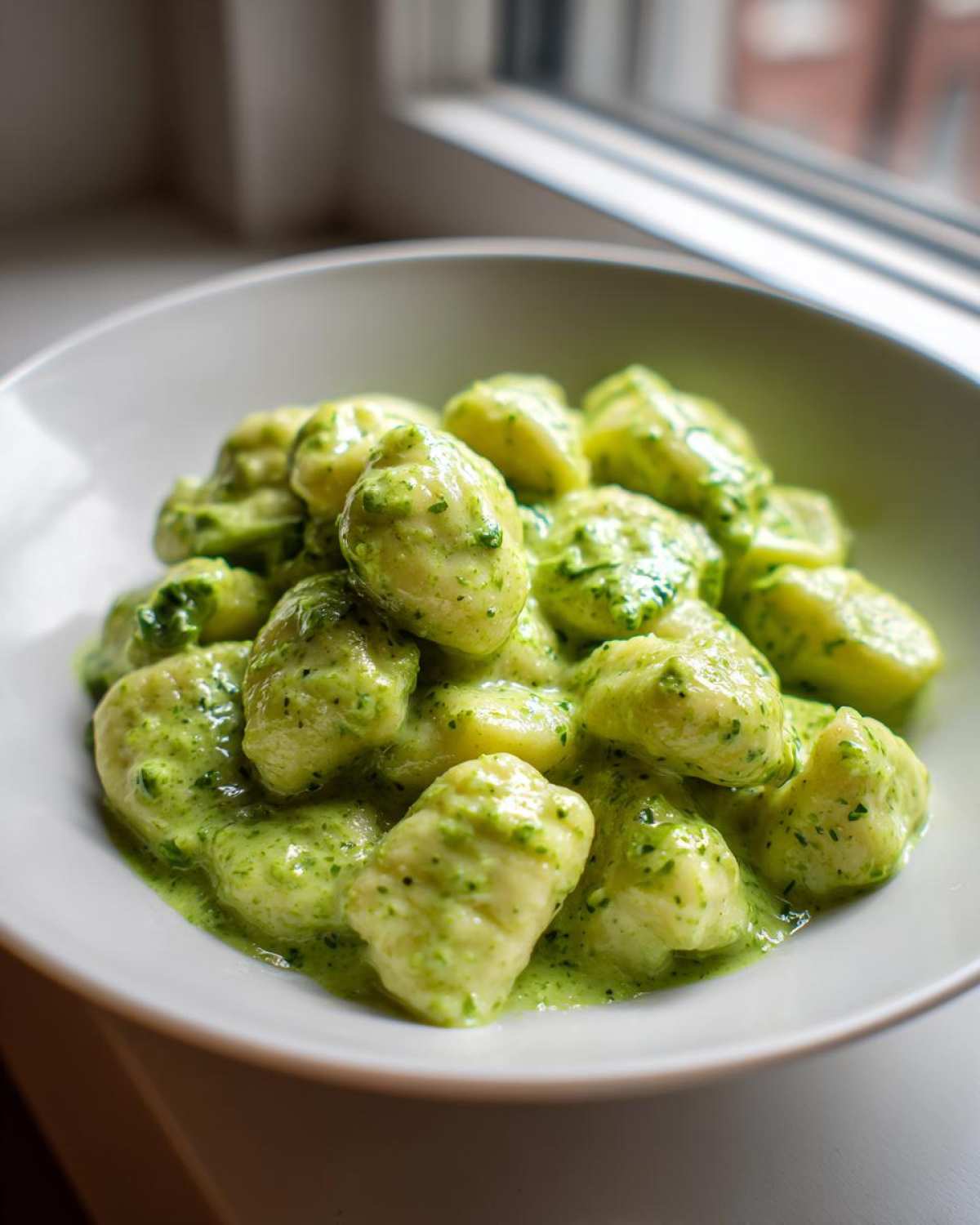 A white bowl filled with soft gnocchi coated in a vibrant, creamy pesto sauce.