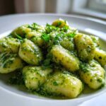 Close-up of tender gnocchi coated in vibrant green creamy pesto sauce, garnished with fresh herbs.