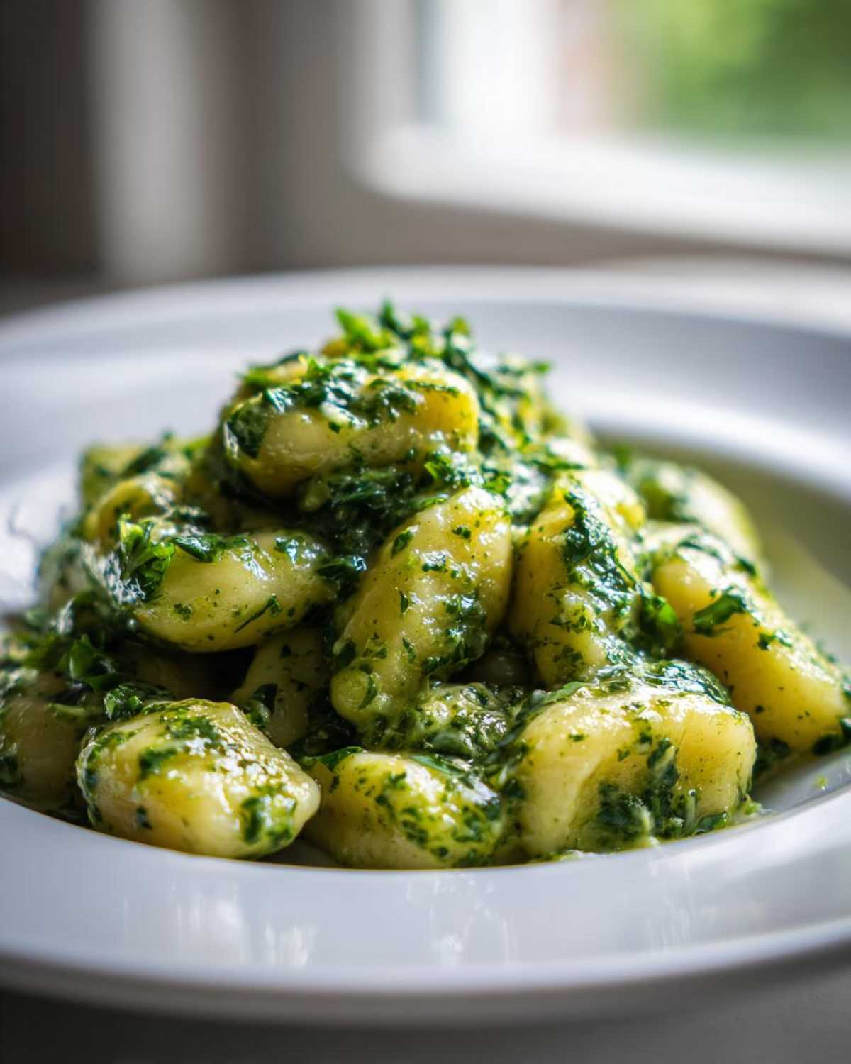 A close-up shot of fluffy gnocchi coated generously in vibrant green, creamy pesto sauce, served in a white bowl.