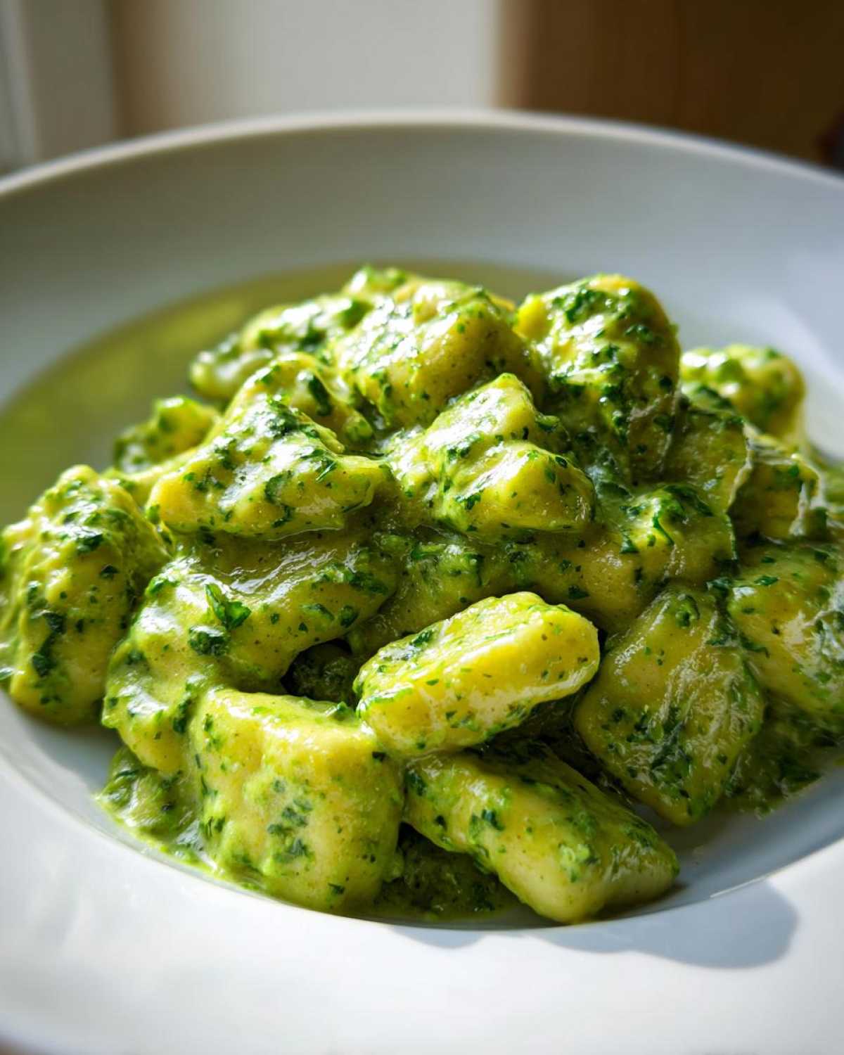A close-up shot of tender potato gnocchi generously coated in bright green, creamy pesto sauce.