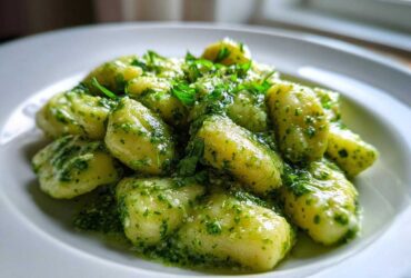 Close-up of tender gnocchi coated in vibrant green creamy pesto sauce, garnished with fresh herbs.