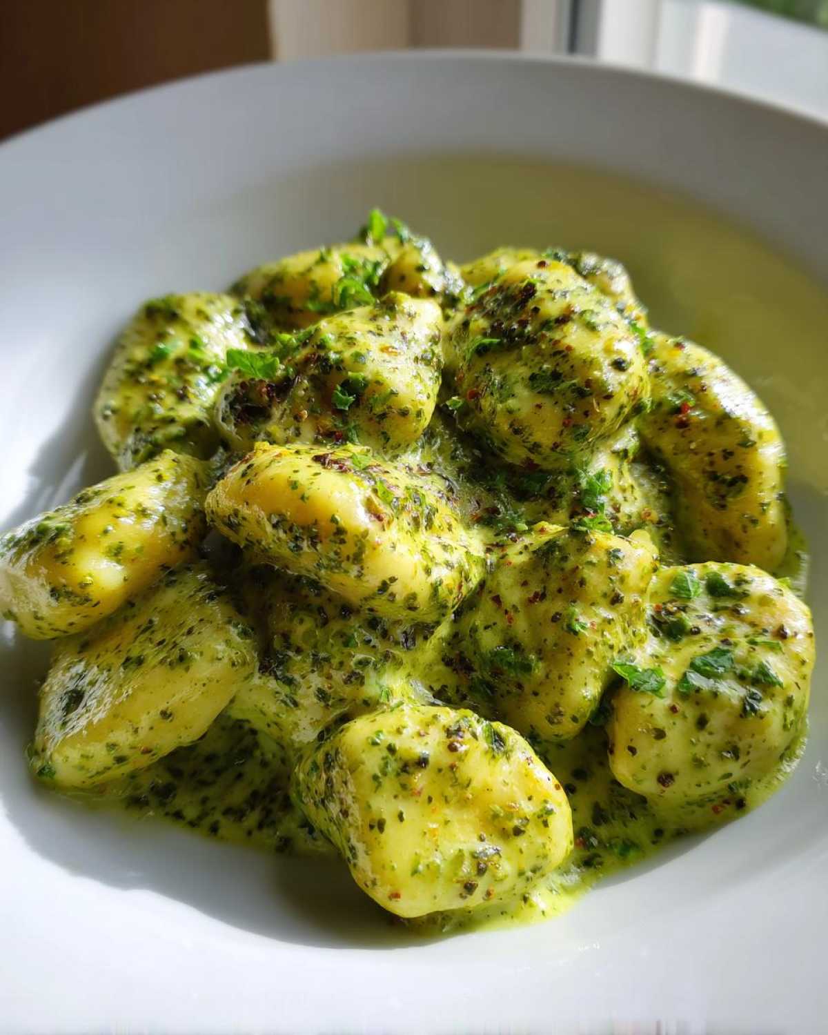 Close-up of tender gnocchi coated in a vibrant, creamy pesto sauce, garnished with fresh herbs.