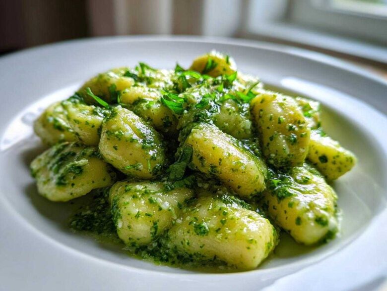 Close-up of tender gnocchi coated in vibrant green creamy pesto sauce, garnished with fresh herbs.